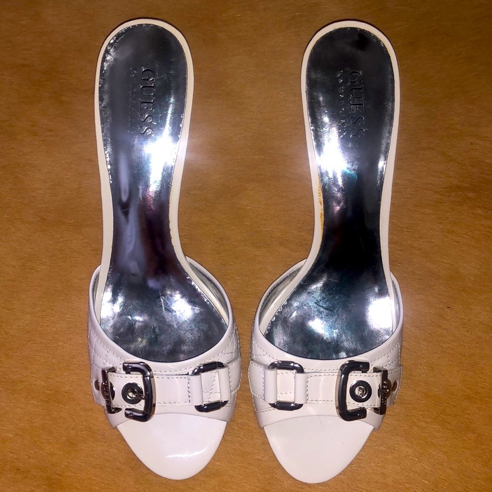 Guess white patent leather kitten heel slides